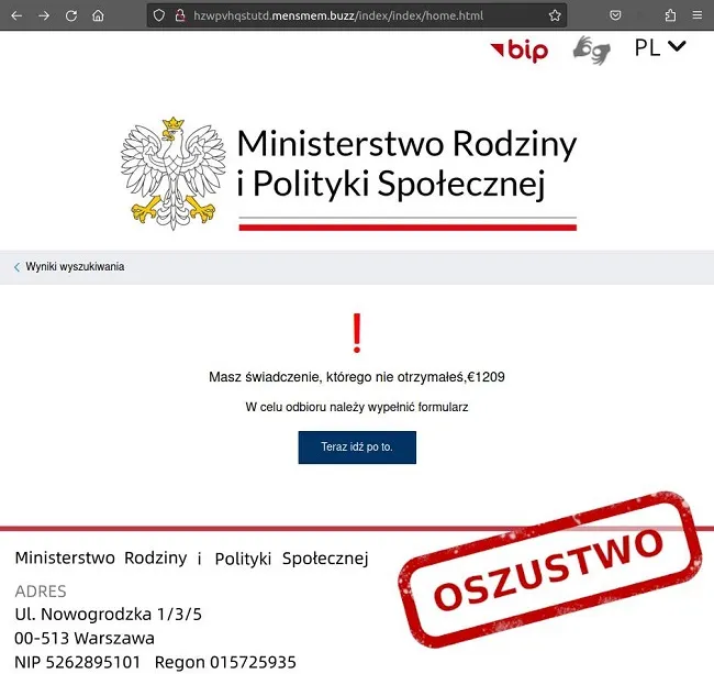 Ostrzeżenie przed nową kampanią SMS wykorzystującą wizerunek Ministerstwa Rodziny i Polityki Społecznej. Przykład informacji próbującej wyłudzić dane (1)