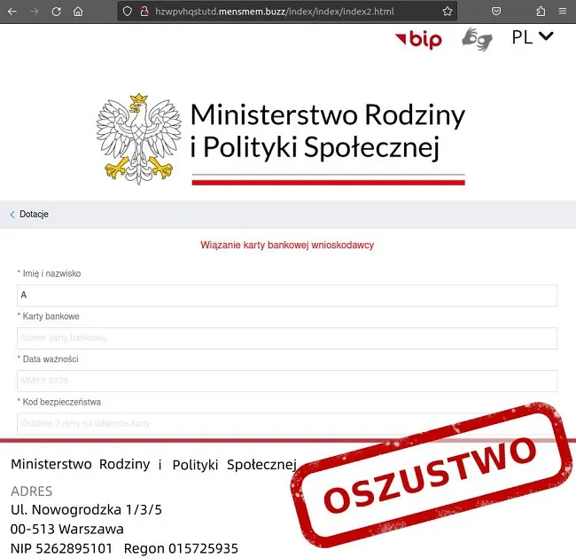 Ostrzeżenie przed nową kampanią SMS wykorzystującą wizerunek Ministerstwa Rodziny i Polityki Społecznej. Przykład informacji próbującej wyłudzić dane (2)