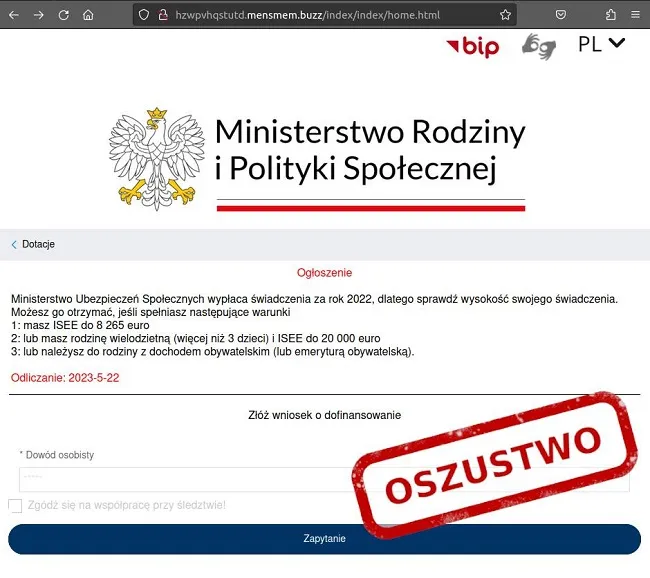 Ostrzeżenie przed nową kampanią SMS wykorzystującą wizerunek Ministerstwa Rodziny i Polityki Społecznej. Przykład informacji próbującej wyłudzić dane (3)