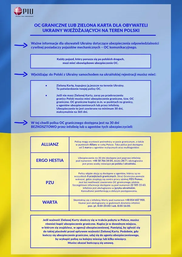 Informacje dotyczące OC lub Zielonej Karty dla osób wjeżdżających do Polski z Ukrainy samochodem na ukraińskiej rejestracji (w języku polskim)