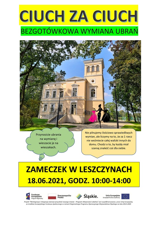 Plakat zachęcający do udziału w akcji "Ciuch za ciuch", która odbędzie się 18 czerwca 2021 r. w leszczyńskim "Zameczku"