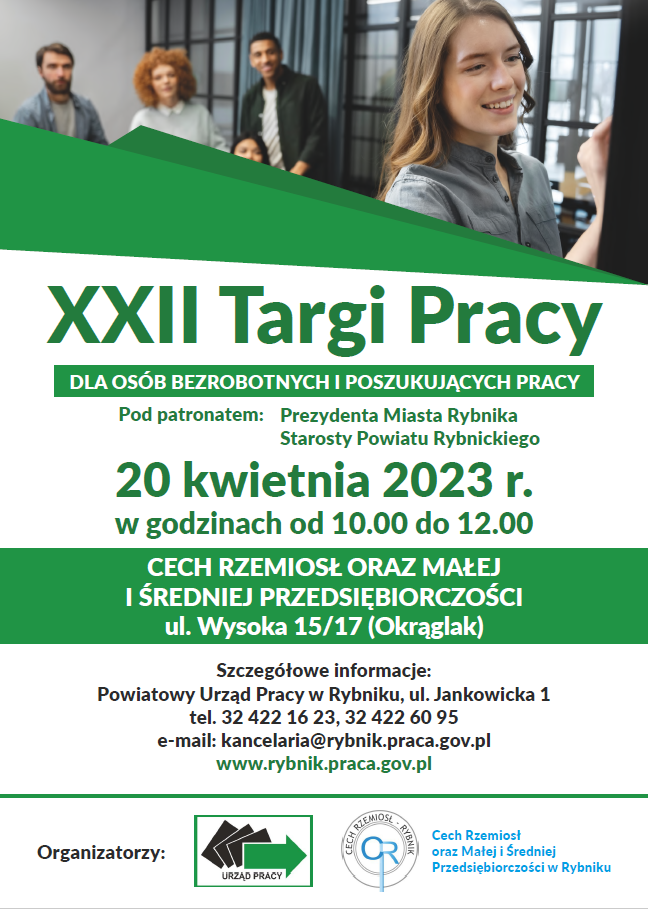 Plakat informacyjny XXII Targów Pracy dla osób bezrobotnych i poszukujących pracy.