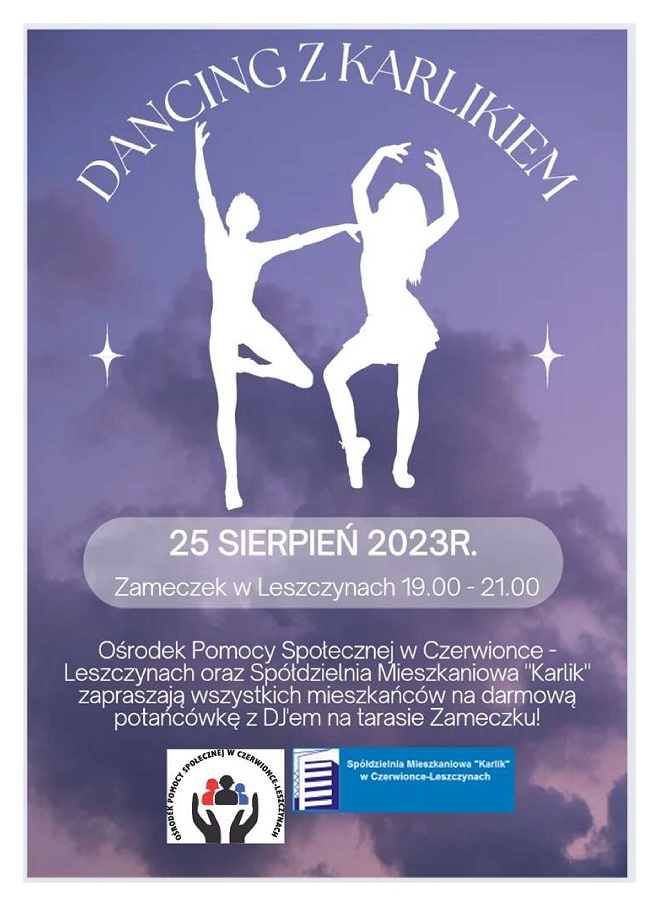 Plakat informacyjny dot. zabawy tanecznej pod nazwą Dancing z Karlikiem