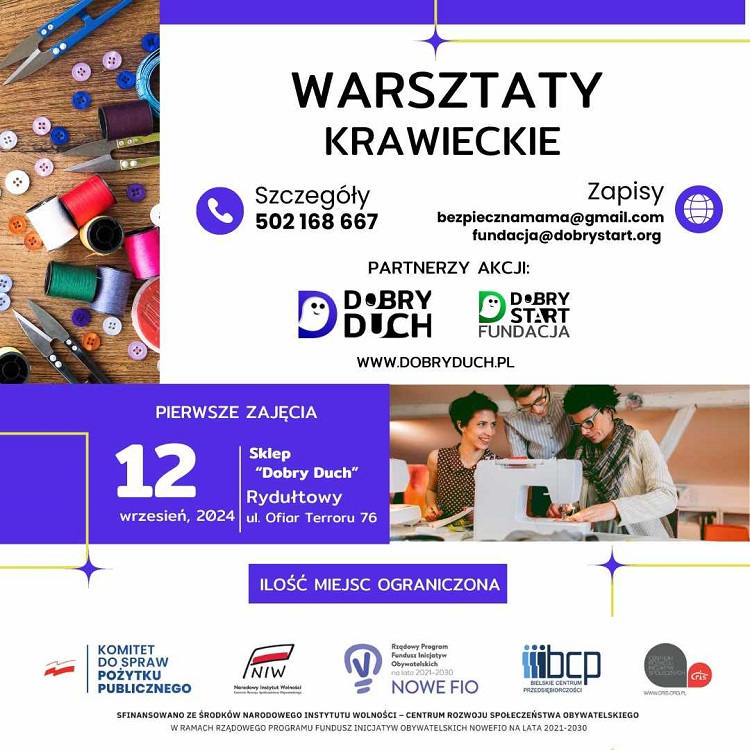 Plakat informacyjny dot. warsztatów krawieckich